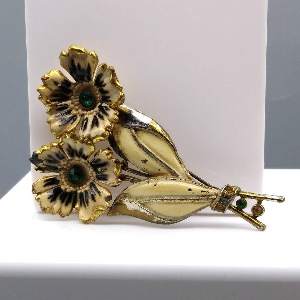Vintage Peony Flower Brooch with Green Crystal Center, Black and Cream Enamel